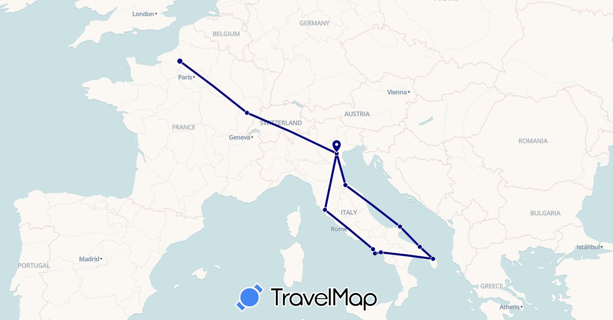 TravelMap itinerary: driving in France, Italy, San Marino (Europe)